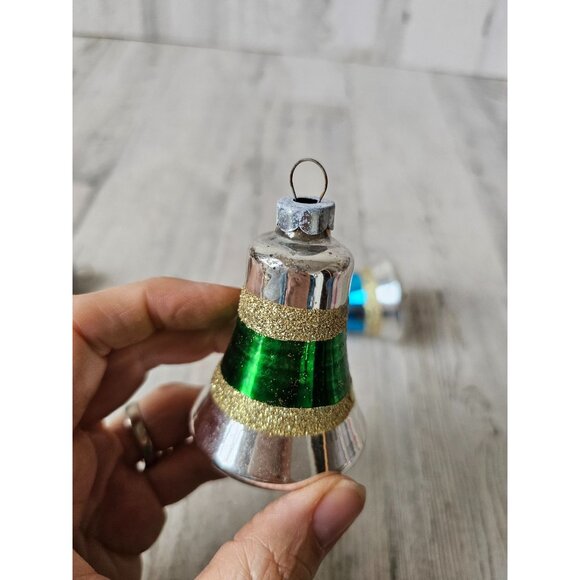 Vintage glitter mercury glass bell ornament gold striped green red blue set Xmas - Picture 8 of 15